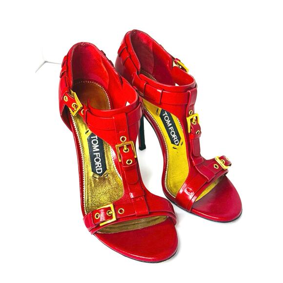 Tom Ford Red Leather Buckle T-Strap High Heel Sandals Size 37.5 - Picture 7 of 10
